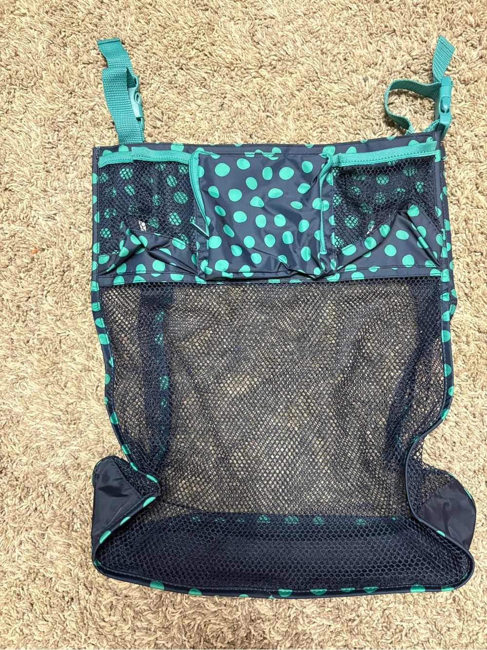 thirty-one Teal Polka Dot Mesh Stroller/Car Seat hanging Organizer bag.